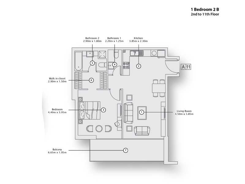 1 Bedroom Apartment 2 B, 2nd to 11th Floor